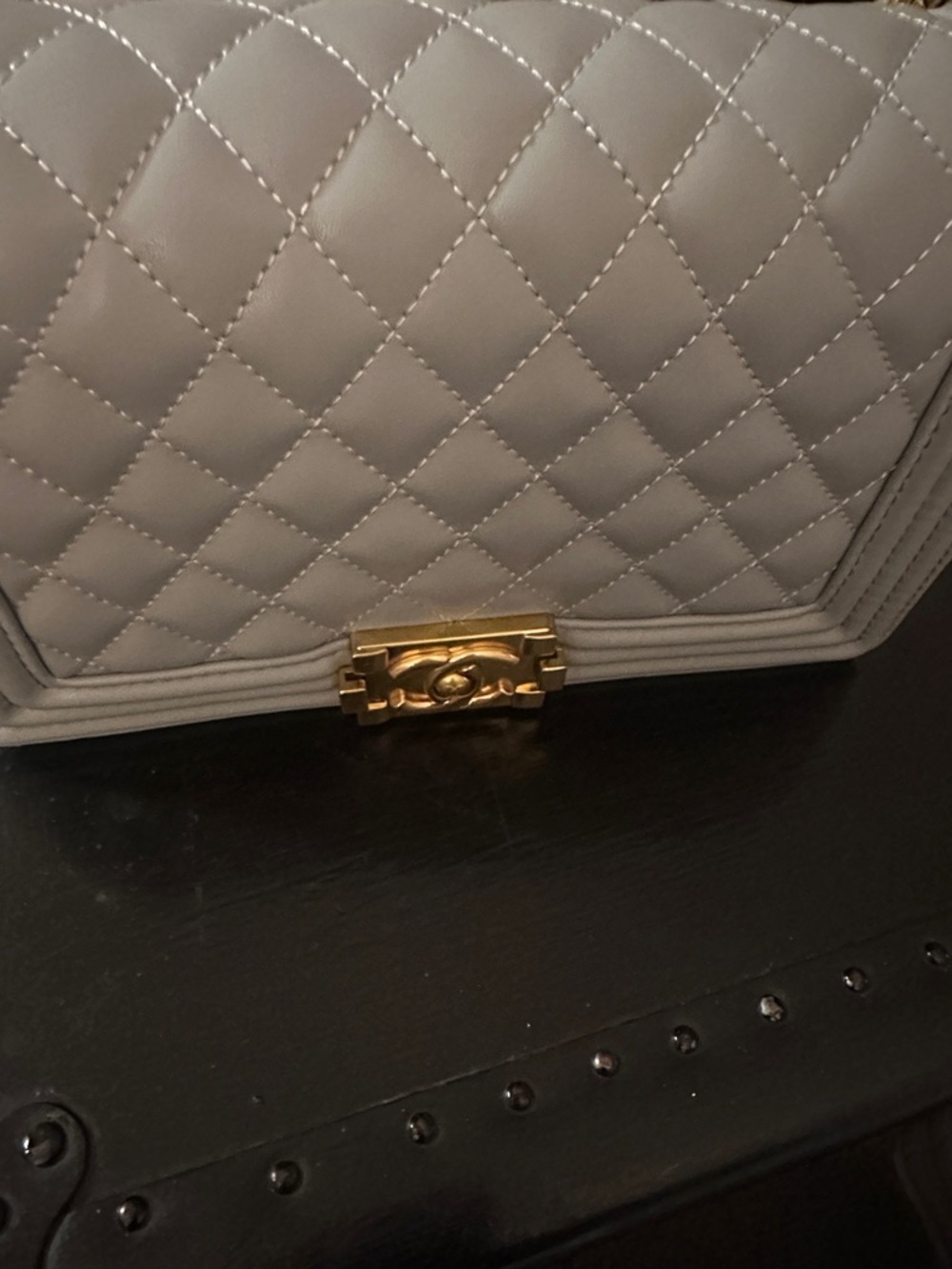 Quilted Gray Leather Shoulder Bag with Gold Hardware